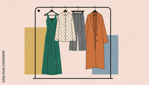 Elegant clothing rack displaying a green summer dress, polka dot shirt, grey trousers, and a long orange coat.