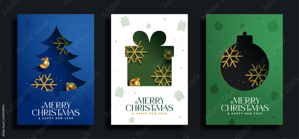 Fototapeta premium Merry Christmas Holiday Card Poster Clipart Set. Modern Christmas greeting card collection with paper cut shape of Christmas tree, gift box, ornament and golden snowflake clip art decorations in blue