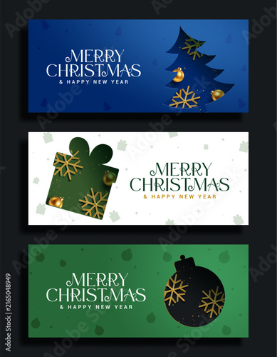 Merry Christmas and Happy New Year Holiday Banner Clipart Set. Christmas banner collection featuring Christmas tree, gift box, ornament and golden snowflake clip art decorations in blue, green 