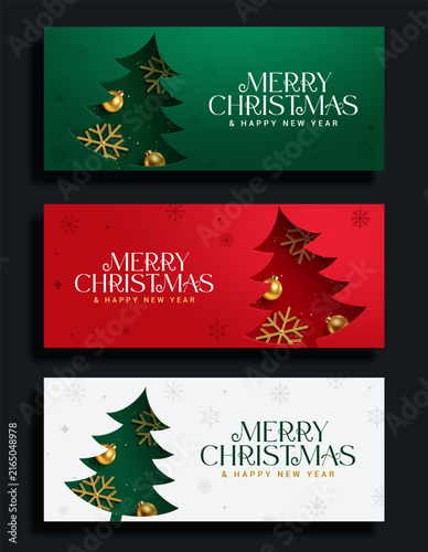 Christmas Tree Holiday Card Banner Clipart Set. Christmas greeting card collection featuring Christmas tree shapes clip art with golden ornaments and snowflake decorations in green, red and white 