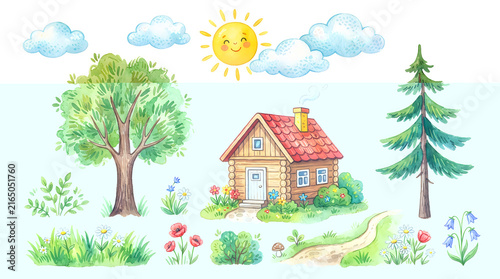 Cute pixel art house with tree flowers and sun in summer landscape