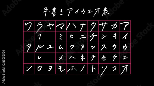 手書き文字　アイウエオ表 カタカナ五十音 黒背景 ダーク