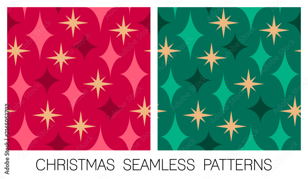 Fototapeta premium Set of red and green star seamless pattern design for Christmas and new year background.