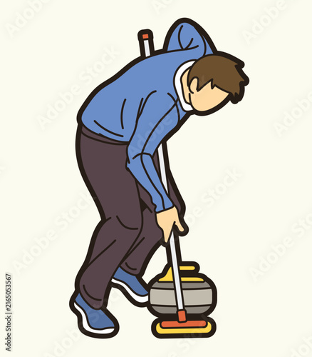 Curling Sport Male Player Action Athletes Competing on Ice Rink Cartoon Graphic Vector