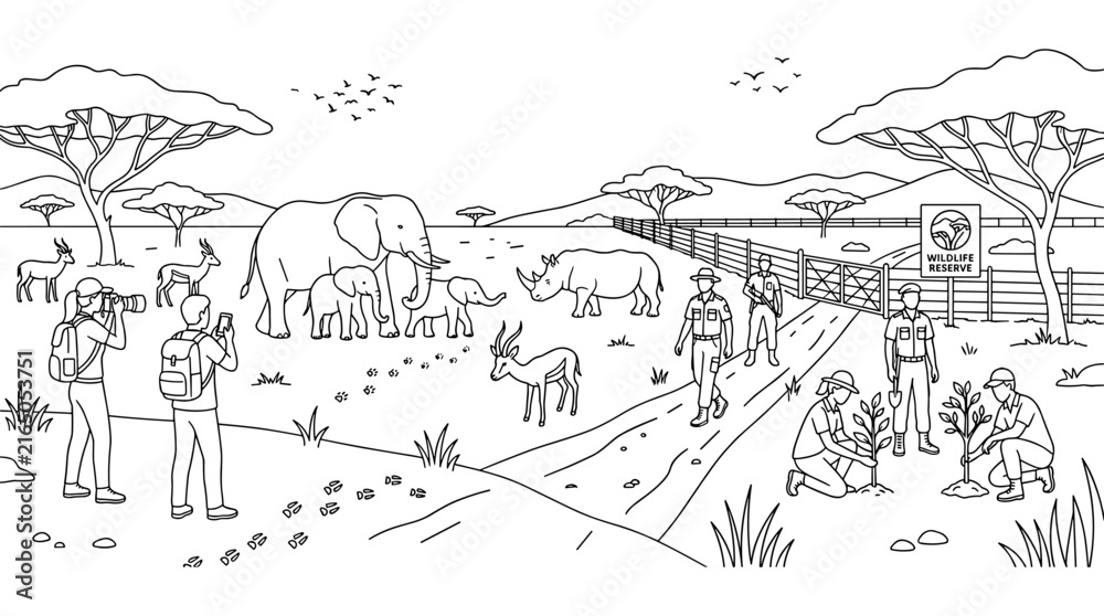Fototapeta premium African safari wildlife reserve coloring page with animals and rangers