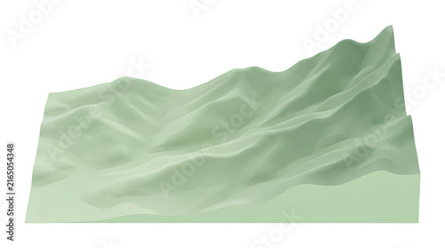 Abstract 3D mountain landscape, minimalist green terrain model, digital elevation map, smooth geometric peaks and valleys, modern nature visualization for data and design