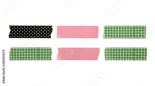 Decorative Washi Tape Collection, six individual pieces of patterned and solid adhesive tape, versatile craft and stationery elements for creative projects, scrapbooking, and gift wrapping.