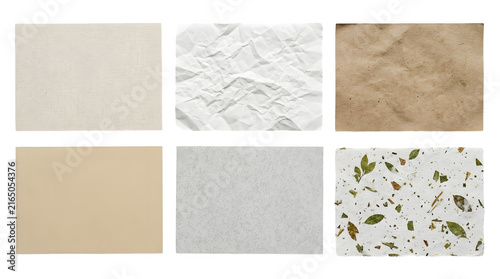 Versatile collection of six unique paper textures, including crumpled, recycled, and handmade sheets. Diverse paper backgrounds for creative design, scrapbooking, and digital art projects.