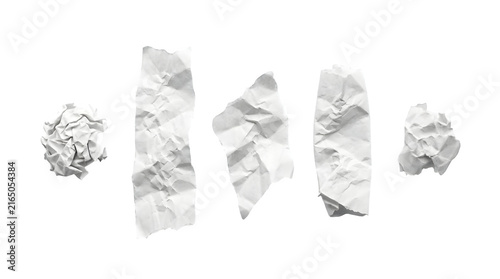 Crumpled paper texture, five distinct pieces of white crumpled paper, abstract paper texture for backgrounds, a collection of wrinkled paper elements, isolated on a clean white background.