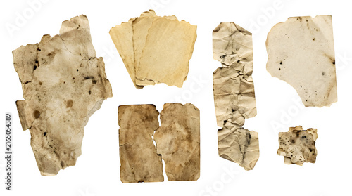 Aged paper scraps, a collection of distressed vintage parchment textures. Antique brown and beige torn paper elements, perfect for rustic design overlays and historical document backgrounds.