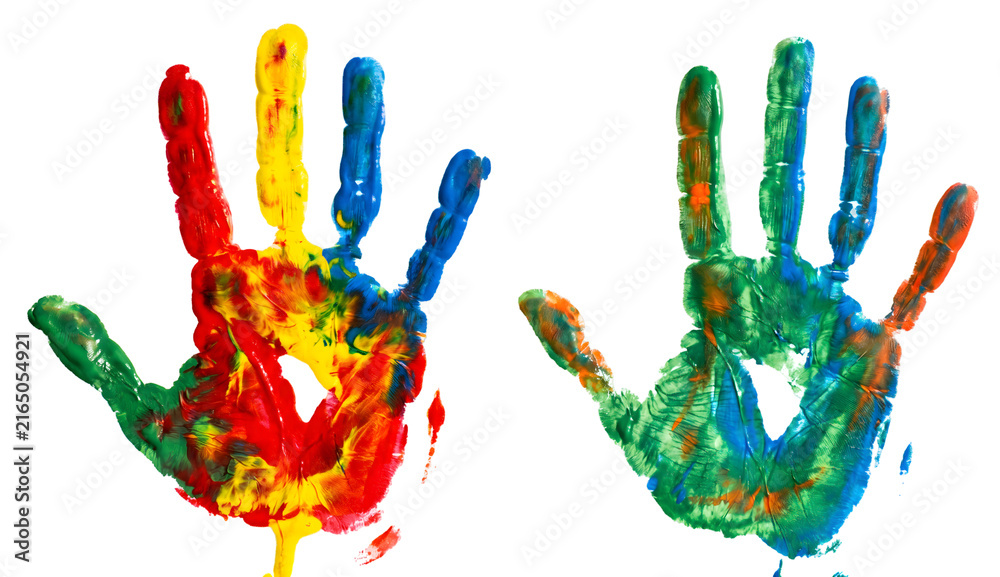 Fototapeta premium Colorful handprints with blue red and yellow paint for art projects.