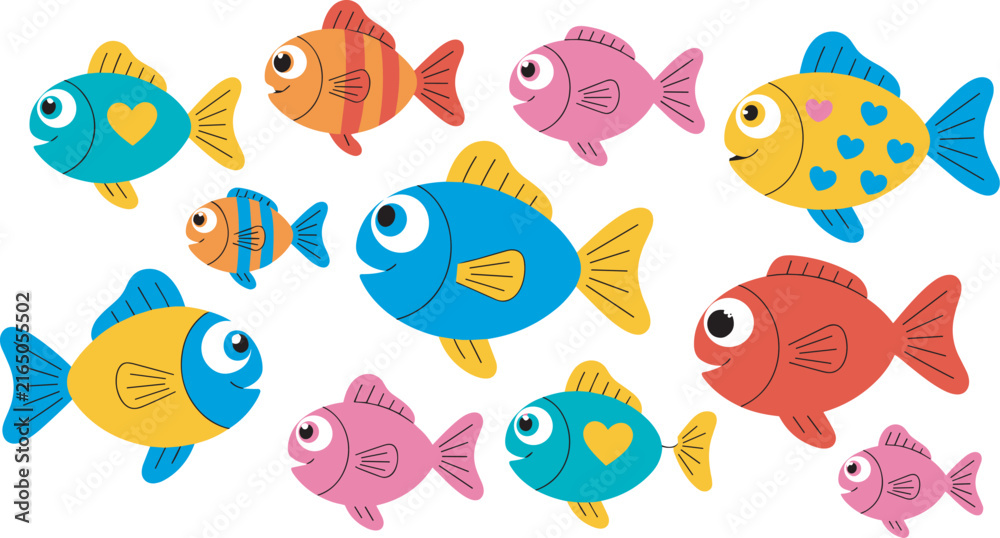 Fototapeta premium Cute Cartoon Sea Fish Vector Character Set Pack for Kids Room Decor, Nursery Wall Art, Kindergarten, and Marine Life Education Designs