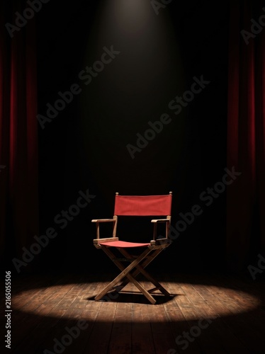Red directors chair illuminated by a single spotlight on a dark stage with red curtains.