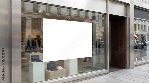 Blank white rectangular poster mockup on a modern retail store glass window display