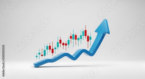 3D rendered blue financial arrow chart indicating growth and positive market candlestick trends with business investment candlestick analysis corporate currency positive increase