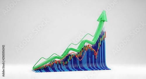3D rendered financial market chart featuring green upward arrow and rising candlestick data business investment candlestick analysis currency positive increase statistics