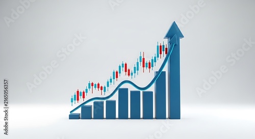 3D rendered blue business chart with upward trend arrow and detailed candlestick data business investment candlestick analysis corporate currency positive increase statistics