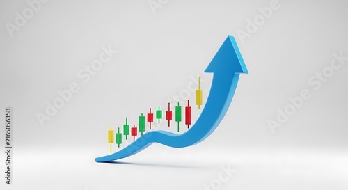 3D rendered blue upward arrow chart with multicolored financial candlestick trading data business investment candlestick analysis corporate currency positive increase statistics