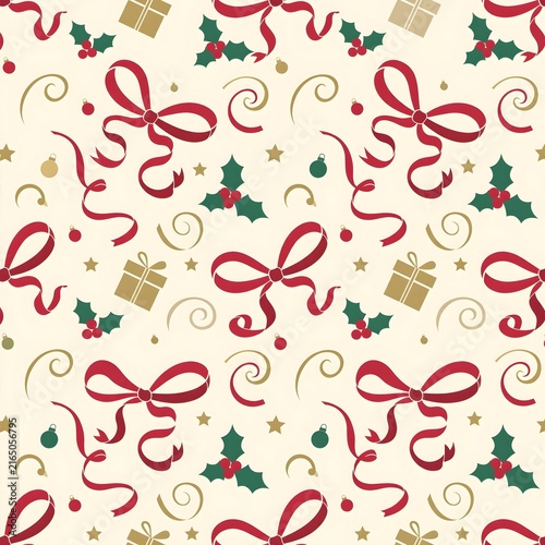 Festive seamless pattern of flowing red ribbons, holly leaves, berries, bows, and gift boxes on a warm cream background for elegant Christmas wrapping and stationery