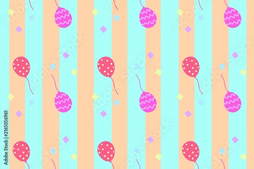 Seamless birthday pattern with playful pink balloons and confetti on alternating pastel orange and blue stripes, ideal for wallpaper, wrapping paper, invitations, party backgrounds, and textiles.