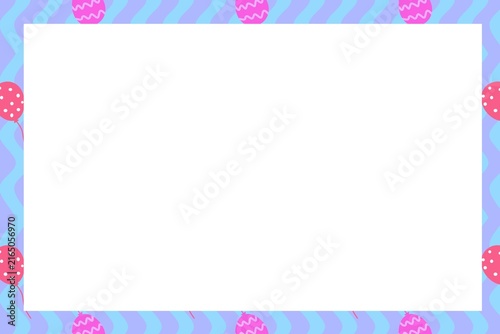 Pastel birthday frame with large white text space, blue and purple wavy borders, and pink polka-dot and striped balloons, perfect for party invitations, greeting cards, banners, and posters.