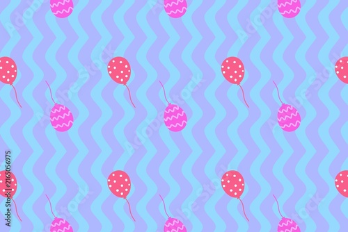 Seamless birthday pattern with pink balloons, white dots and squiggly lines on light blue and lavender wavy stripes, ideal for party wallpaper, wrapping paper, textiles, invitations and kids designs.