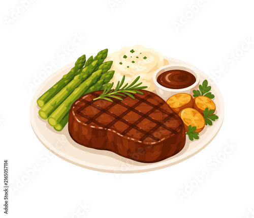 Grilled steak served with asparagus, mashed potatoes, vegetables, and 