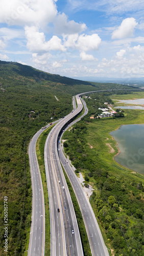 Drone shot The M6 motorway Nakhon Ratchasima Province - Bang Pa-in Lam Ta Khong River and Mountain. Motorway Korat Thailand