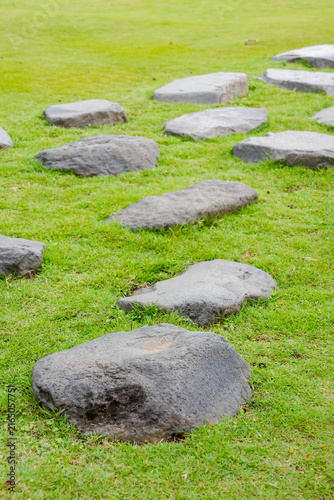 Stone path winds through vibrant green grass. Large rocks frame a tranquil swimming pool. Natural stepping stones invite calm exploration. Perfect for garden, park, or outdoor leisure scenes
