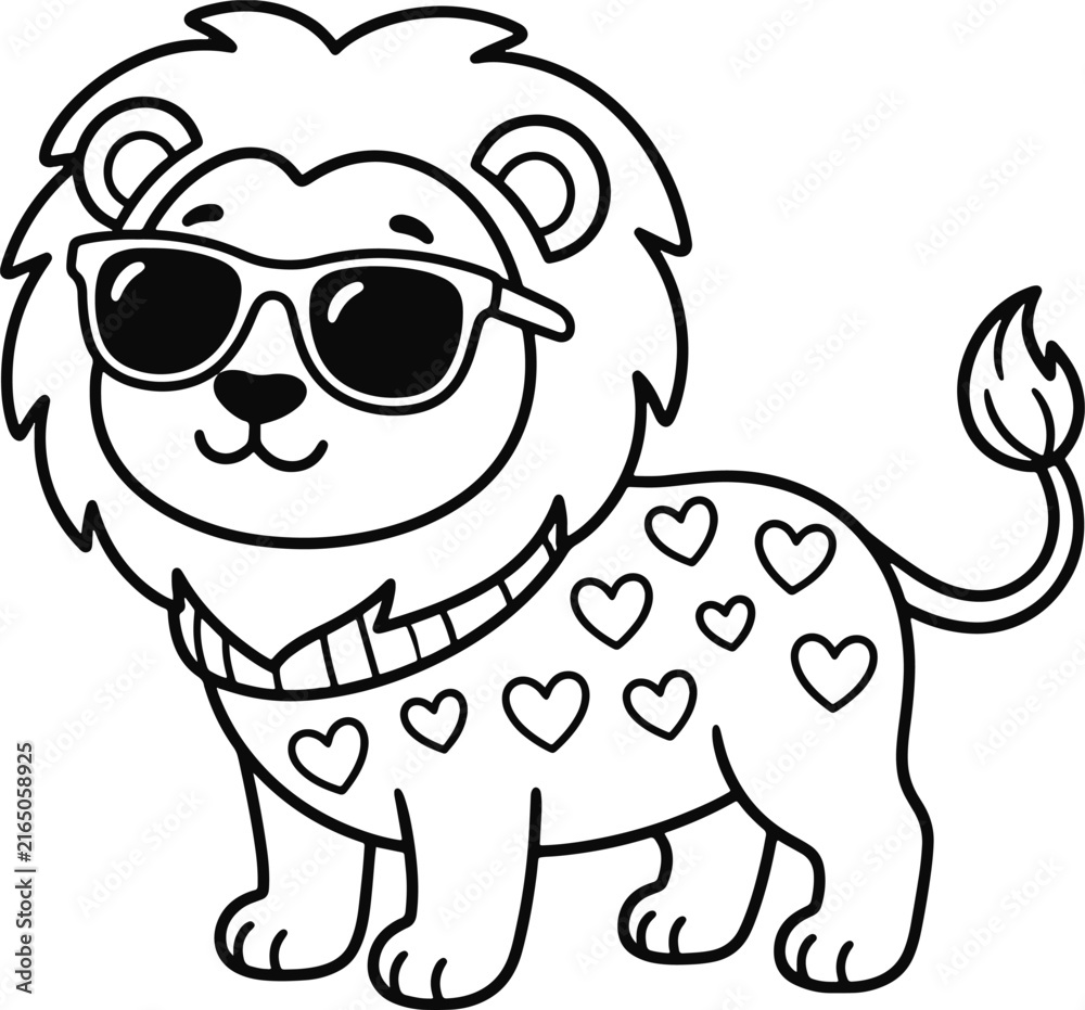 Naklejka premium Cute cartoon lion wearing sunglasses with heart patterns illustration