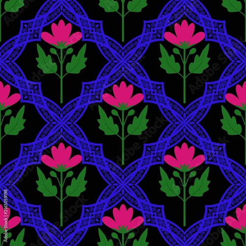 seamless floral pattern Vibrant pink flowers with green leaves in intricate blue lace frames on black background seamless pattern.