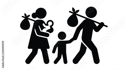 Refugee family carrying belongings while walking together to seek safety as a group of displaced people in a simple black silhouette vector style graphic illustration