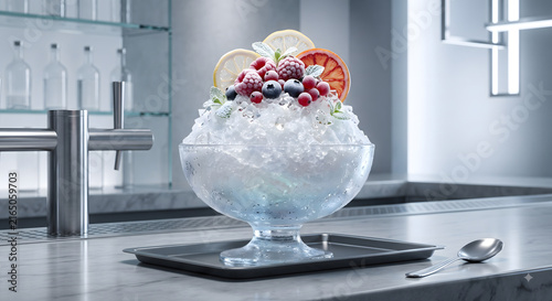 Shaved Ice Dessert with Frozen Berries and Citrus Slices