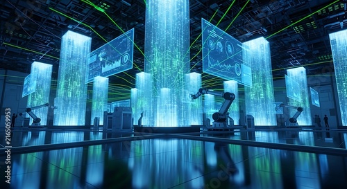 Futuristic smart factory with robotic arms and digital data streams in a high-tech facility