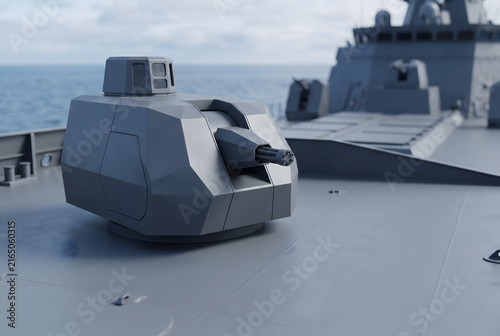 Automated Naval Gun Turret on Modern Warship at Sea