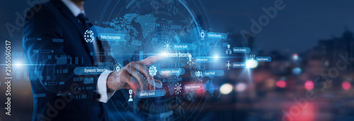 Canvastavla Security analyst hand touching Network Security words and icons on a firewall interface