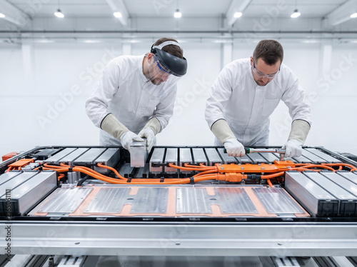 Technicians assembling an electric vehicle battery pack