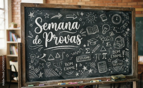 Semana de Provas - Quadro negro escolar com desenhos educativos para avaliacoes e exames