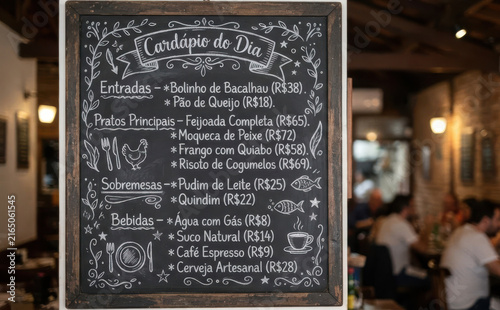 Cardápio do Dia - Quadro negro com menu de restaurante brasileiro, gastronomia e culinária típica para projeto