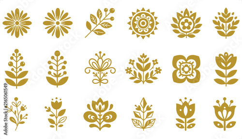 Konstfotografi Scandinavian folk floral icons, 18 gold botanical vector elements, minimalist no