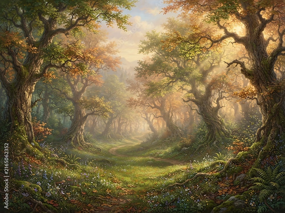 Obraz premium A beautiful sunlit forest scene with ancient trees and lush green vegetation in a magical woodland landscape.