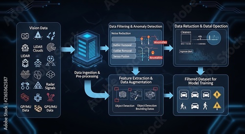 Autonomous vehicle data processing workflow diagram with machine learning and AI analytics.