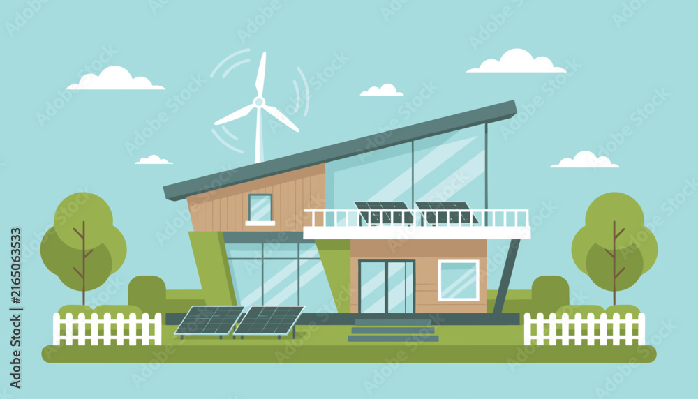 Obraz premium Eco friendly modern house equipped with solar panels on the roof and a wind turbine in the backyard for clean energy.