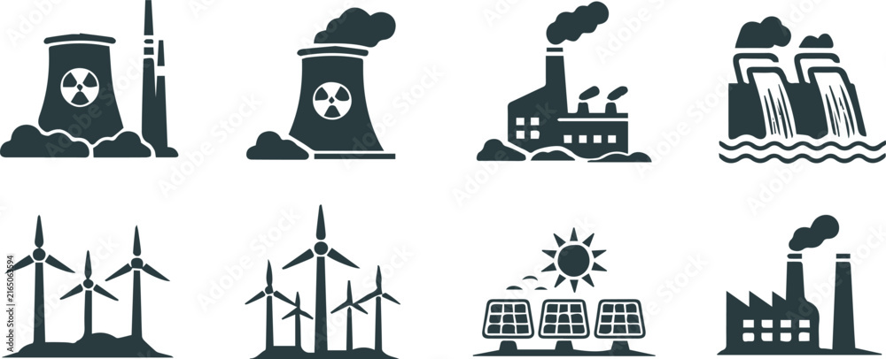 Naklejka premium Power Plant Icon Set with Nuclear Solar Wind and Hydro Energy