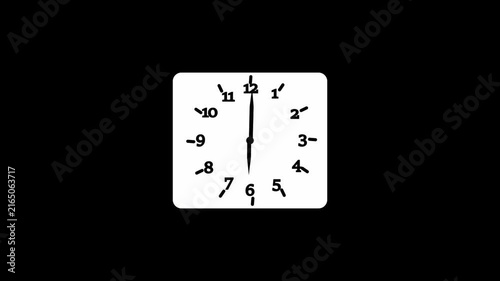 A black and white image of a clock with a square background. The clock face is white with black numbers and hands. The time shown is 1:14. The background is plain white.