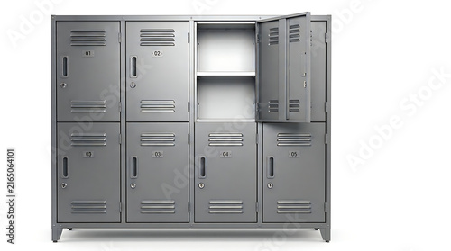 Gray metal locker unit with numbered compartments and open door