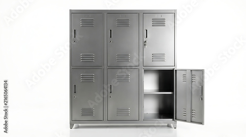 Gray metal locker unit with six compartments and one open door