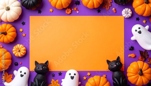 かわいいハロウィンの広告背景、紫色の背景と中央のオレンジ色のコピースペース