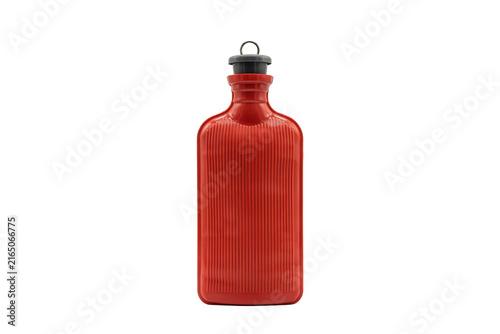 A bright red rubber hot water bottle with a vertical ribbed texture and a grey plastic stopper isolated on a white background, for home care