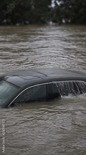 Submerged Car Struggling to Remain Afloat in Floodwaters During Severe Weather Event
